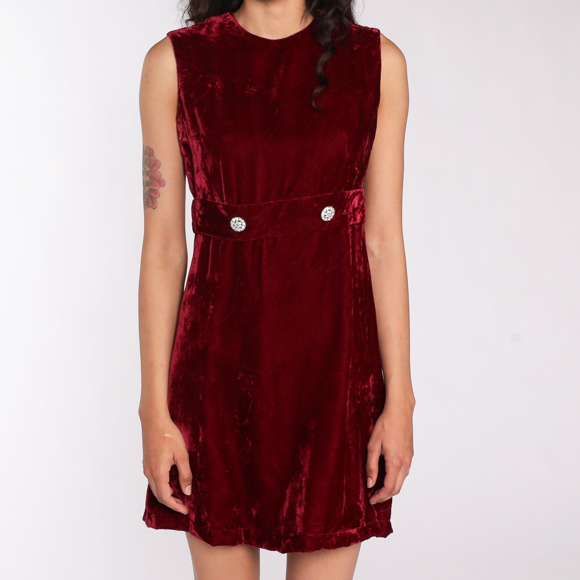 60s Velvet Dress Dark Red Babydoll Mod Mini Party Cocktail Rhinestone