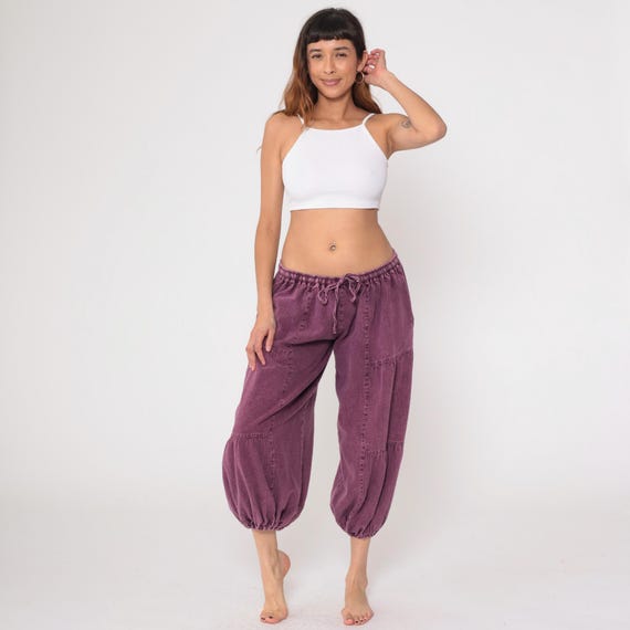 Y2K Purple Balloon Pants Cotton Harem Style Drawstring Elastic Waist Cropped Capri  Vintage Wide Leg Mauve Medium M