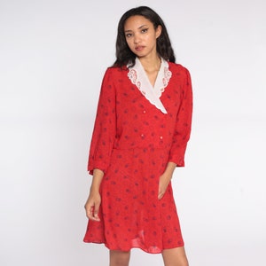 80s Wrap Dress Red Geometric Dress 3/4 Sleeve Dress Mini 1980s Lace Collar V Neck Bohemian Vintage High Waist Medium Large