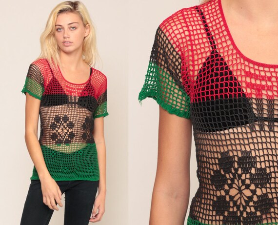 Crochet Mesh Top Mesh Shirt Sheer Blouse Vintage 90s Floral Cut Out Top See Through Short Sleeve Retro Red Black Green Extra Small xs