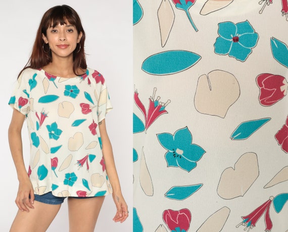 Ivory Floral Top 70s Abstract Flower Leaf Print Shirt Mod Blouse Retro Boho Short Raglan Sleeve Hippie Off-White Vintage 1970s Large L