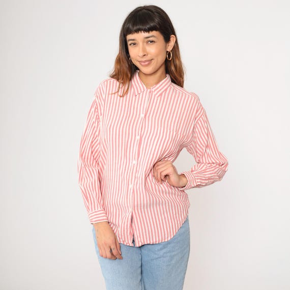 Vintage Pink Striped Blouse 90s The Gap Button Up Top Chest Pocket Shirt Retro Long Sleeve Preppy Basic Rayon Collared White 1990s Medium