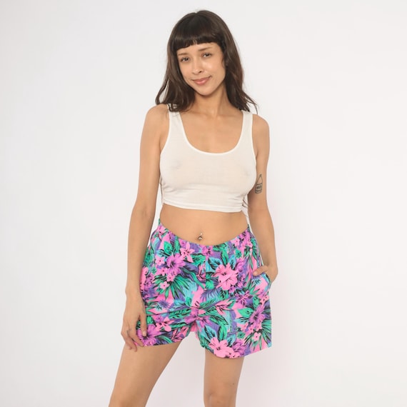 Neon Tropical Floral Shorts 90s Op Pink Purple Green Hawaiian Beach Swim Trunks Summer Vacation Hibiscus Palm Leaf Boardshorts Medium M