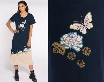 90s Floral Dress Graphic Butterfly Dress Metallic Print Midi Shift Dress Summer Hippie Boho 1990s Blue Vintage Retro Short Sleeve Medium