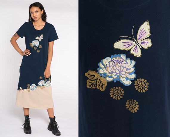 90s Floral Dress Graphic Butterfly Dress Metallic Print Midi Shift Dress Summer Hippie Boho 1990s Blue Vintage Retro Short Sleeve Medium