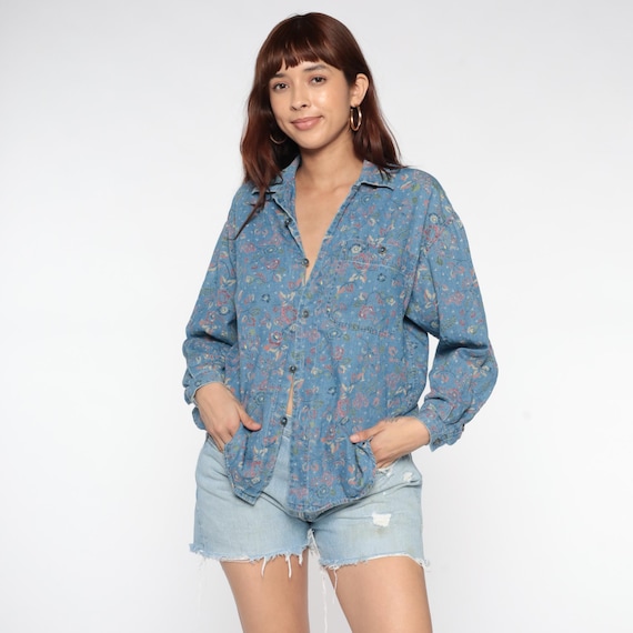 90s Floral Denim Button Up Shirt Blue Cotton Long Sleeve Collared Botanical Print Soft Grunge Alternative Chambray Style Vintage Large L