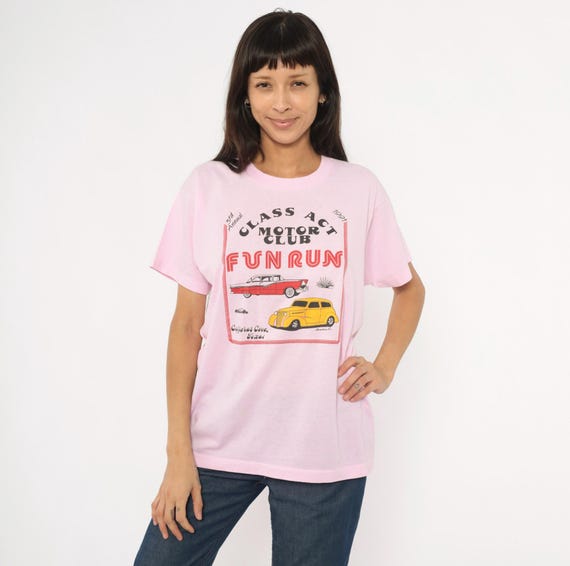 80s Car Show Tee Pink Class Act Motor Club Fun Run Copperas Cove Texas Classic Automobile Hot Rod Cotton Short Sleeve Vintage Extra Large XL