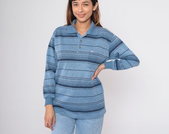 Striped Polo Shirt 90s Tonal Blue Long Sleeve Collared Shirt Retro Preppy Button Up Pullover Nerd Pocket Shirt Vintage 1990s Men's Small