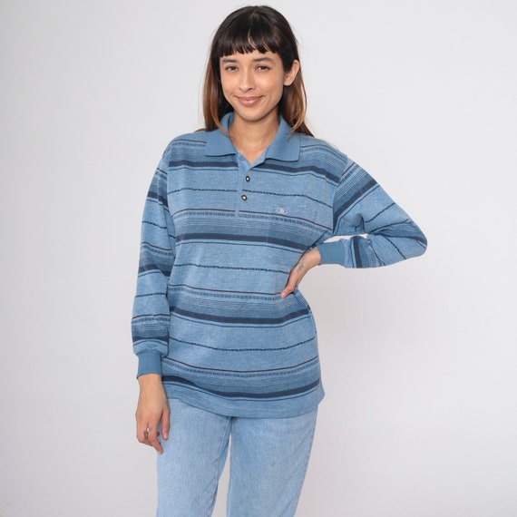 Striped Polo Shirt 90s Tonal Blue Long Sleeve Collared Shirt Retro Preppy Button Up Pullover Nerd Pocket Shirt Vintage 1990s Men's Small