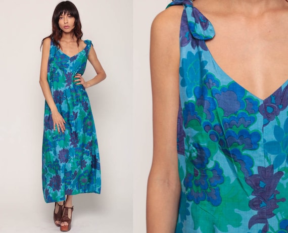 Boho Dress Hippie Maxi 70s Floral Print 1970s Party Bohemian Gown Vintage Hippy Summer Dress Green V Neck Sleeveless Extra Large xl
