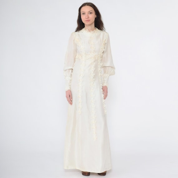 Vintage Ivory Satin Wedding Dress 60s Empire Waist Bishop Sleeve Floral Appliqué High Neck Maxi Gown 1960s Bridal Mod Extra Small xs