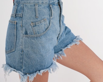 90s Denim Cutoffs Blue Jean Cut Off Shorts Ultra High Waisted Rise Boho Summer Festival Frayed Vintage 1990s Authentic Jeanswear Small S 27