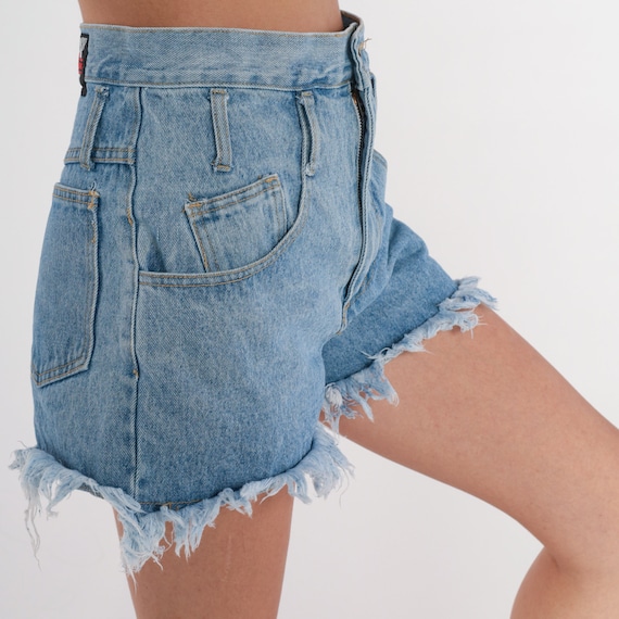 90s Denim Cutoffs Blue Jean Cut Off Shorts Ultra High Waisted Rise Boho Summer Festival Frayed Vintage 1990s Authentic Jeanswear Small S 27