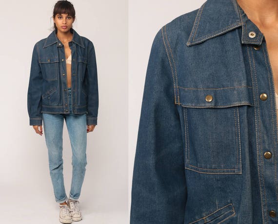 Denim Jacket 70s Jean Jacket Boho Dark Blue Biker Grunge Trucker Vintage Bohemian 1970s Hipster Button Up Small
