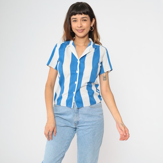 Vintage 80s Striped Button Up Shirt White Blue Blouse Short Sleeve Top 1980s Casual Retro Collared Shirt Small S