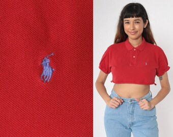 Vintage Ralph Lauren Crop Top 90s Red Cropped Polo Shirt Shirt Raw
