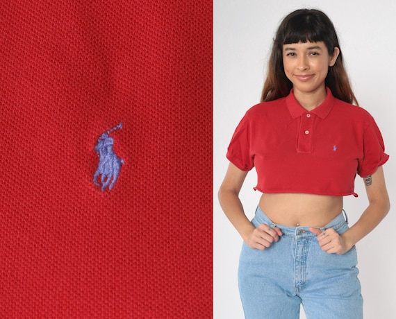 Vintage Ralph Lauren Crop Top 90s Red Cropped Polo Shirt Shirt Raw