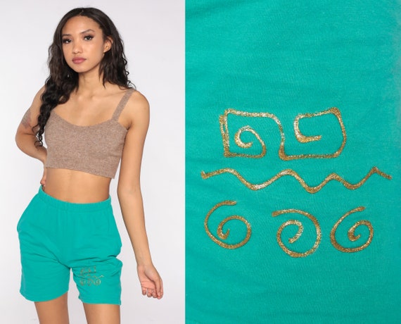 90s Shorts Green Gold Painted Jogging Shorts 90s Lounge Shorts High Waisted Retro Shorts Gym Vintage 1990s Elastic Waist Small S