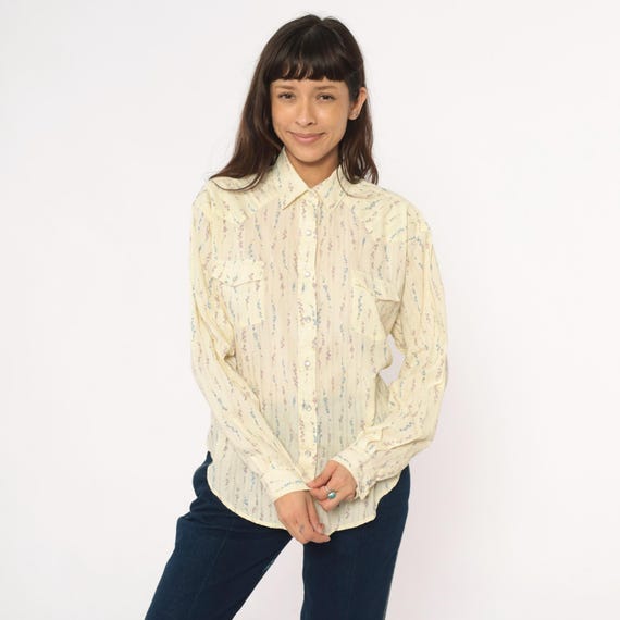 Y2K Western Shirt Pearl Snap Floral Stripe Cream Ivory Yellow Collared Prairie Cottagecore Vintage Cowgirl Pastel Rodeo Americana Large L