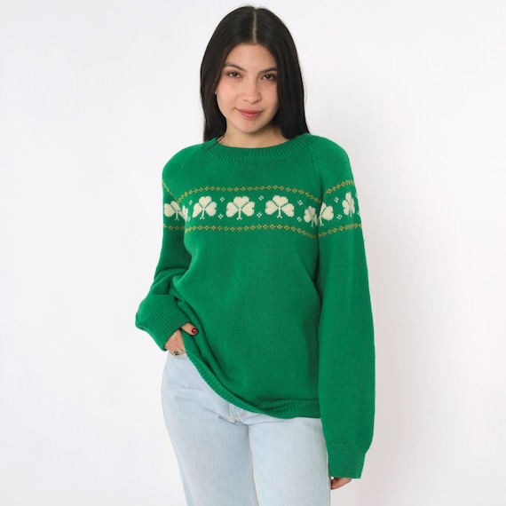 Vintage Irish Shamrock Sweater 80s Green Wool Clover Pullover Knit Sweater Jumper Retro 1980s Fall Crewneck Medium M