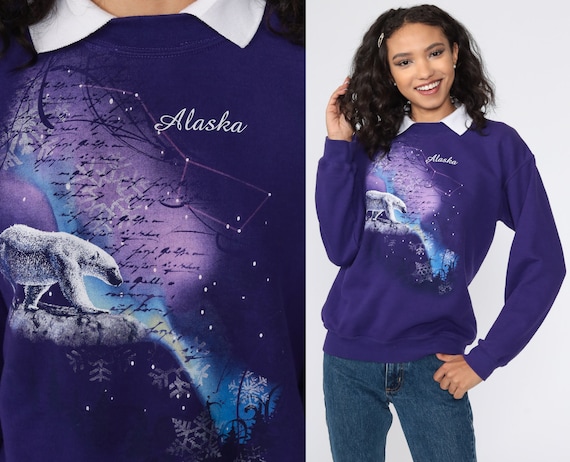 Alaska Bear Sweatshirt -- Polar Bear Animal Shirt 80s Sweatshirt Graphic Sweatshirt Vintage Retro Purple 90s Wildlife Shirt Collared Small