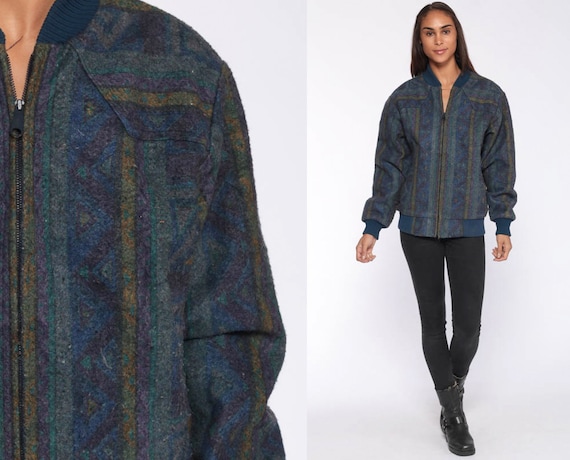 Southwestern Jacket Blue Bomber Jacket TRIBAL Jacket Boho 80s Coat Aztec Jacket Blue Jacket Vintage Bohemian Jacket Retro Medium Large