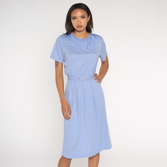 Periwinkle Dress 80s Midi Dress High Waisted Belted Short Sleeve Simple Plain Retro Preppy Minimalist Secretary Blue Vintage 1980s Large L