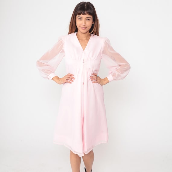 70s Pink Corset Style Dress V Neck Sheer Vintage Feminine Cottagecore Light Blush Pale Prairie Style Romantic Flowy Pastel Coquette Small S
