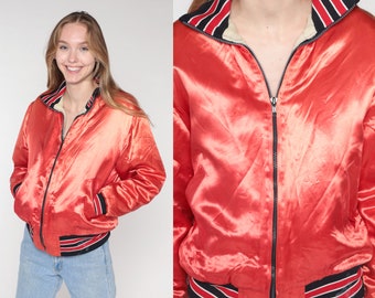 80s Bomber Jacket Red Orange Baseball Jacket Quilted Lining Simple Plain Sporty Zip Up Coat Streetwear Black Striped Vintage 1980s Medium M