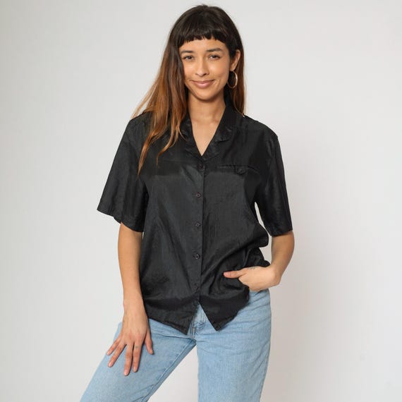 90s Shiny Black Shirt Collared Button Up Shirt Short Sleeve Blouse 1990s Pocket Tee Top Vintage Retro Plain Basic Summer Shirt Large L