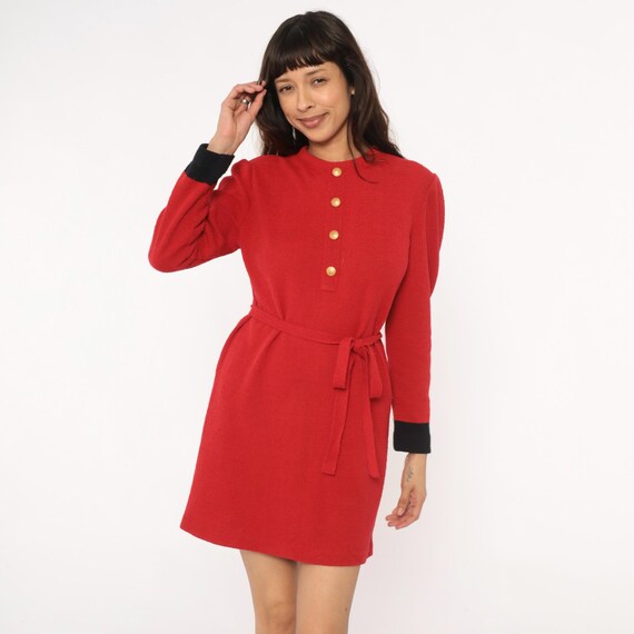 80s Red Sweater Dress Gold Button Front Black Cuffs Tie Belt Long Sleeve Shift Knit Work Office Career Professional Day Vintage Medium M