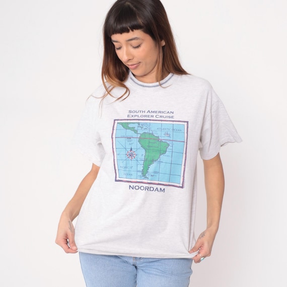 90s Map Tee American Explorer Cruise Noordam White Cotton T-shirt South Short Sleeve Travel Vintage Unisex Relaxed Fit Summer Large L