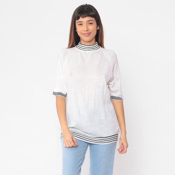 White Knit Shirt 70s Sweater Top Semi-Sheer Black Striped Ringer Mock Neck Half Raglan Sleeve Retro Boho Blouse Spring Vintage 1970s Medium