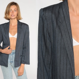 Pinstripe Blazer 90s Open Front Jacket Grey Pin Striped Retro Boho Preppy Office Jacket Professional Formal Basic Plain Vintage 1990s Medium image 1