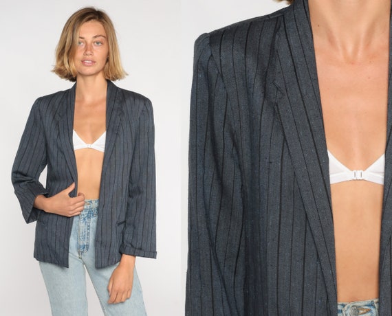 Pinstripe Blazer 90s Open Front Jacket Grey Pin Striped Retro Boho Preppy Office Jacket Professional Formal Basic Plain Vintage 1990s Medium