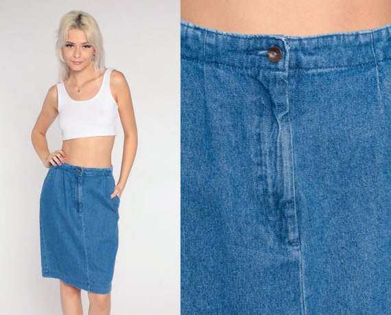 90s Jean Skirt Denim Mini Skirt Pencil Skirt Jeans 1990s High Waisted Wiggle Pocket Retro Vintage Blue Small 6