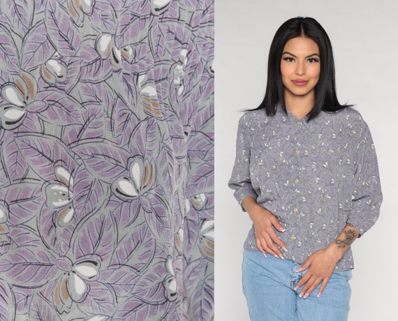 Leaf Print Blouse 90s Floral Button up Top Pleated Shirt Purple Grey 3/4 Sleeve Retro Flower Print Bohemian Secretary Vintage 1990s Large L