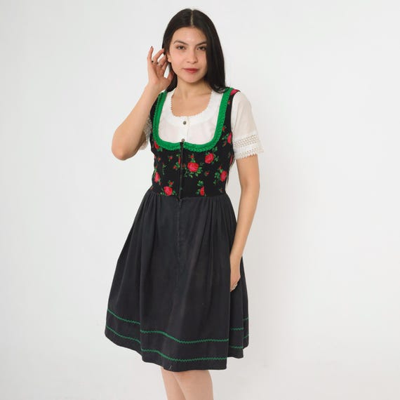 60s Dirndl Dress Black Floral Oktoberfest Folk Dress Zip Up High Waisted Full Skirt Retro Peasant Rose Print Vintage 1960s Extra Small xs