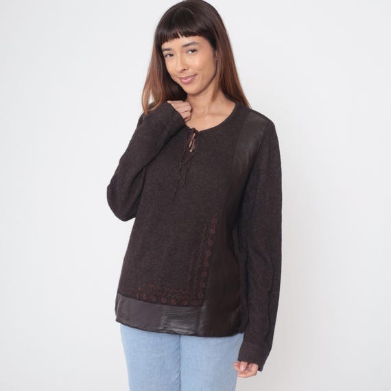 Y2K Brown Sweater Lace Up V Neck Long Sleeve Wool Embroidered Dark Academia Pullover Top Vintage Knit Chocolate Tie Front Preppy Large L