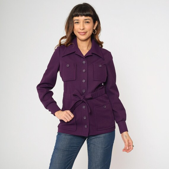 Vintage 70s Purple Belted Jacket Mod Safari Style Button Up Utility Pockets Wide Dagger Collar Long Sleeve 1970s Polyester Small S