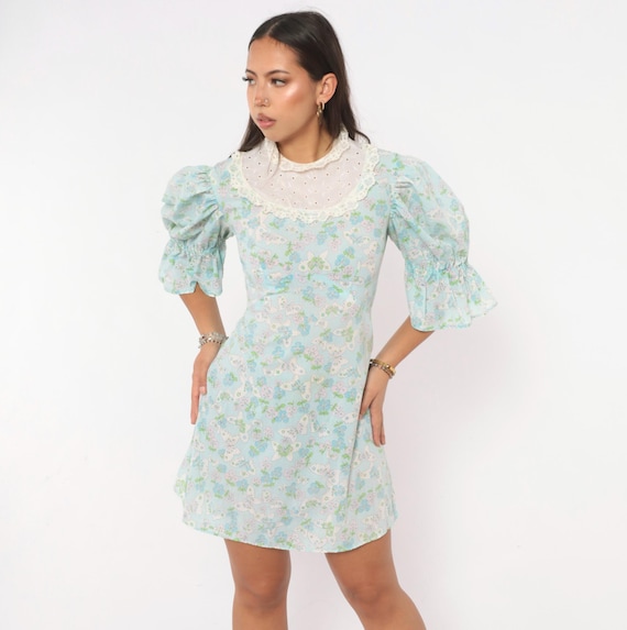 70s Butterfly Print Dress Blue Pastel Floral Cotton Puff Sleeve Eyelet Lace Yoke Babydoll Pink Green Prairie Cottagecore Vintage Small S
