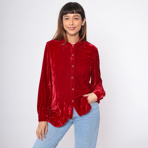 Red Velvet Blouse 90s Button Up Shirt Long Sleeve… - image 5