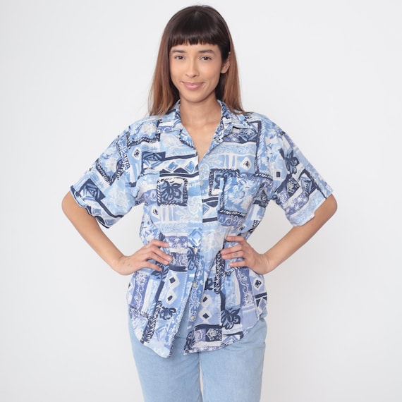 Blue Patchwork Shirt 90s Floral Print Geometric Print Vintage Short Sleeve Button Up Cotton Abstract Summer Top Vacation Wear Medium M 12