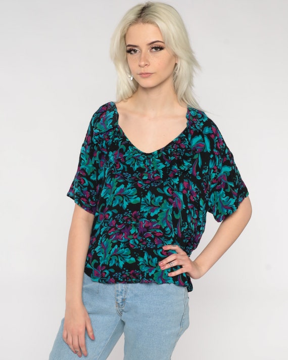 Floral Ruffle Shirt Short Sleeve Blouse Black Gre… - image 2