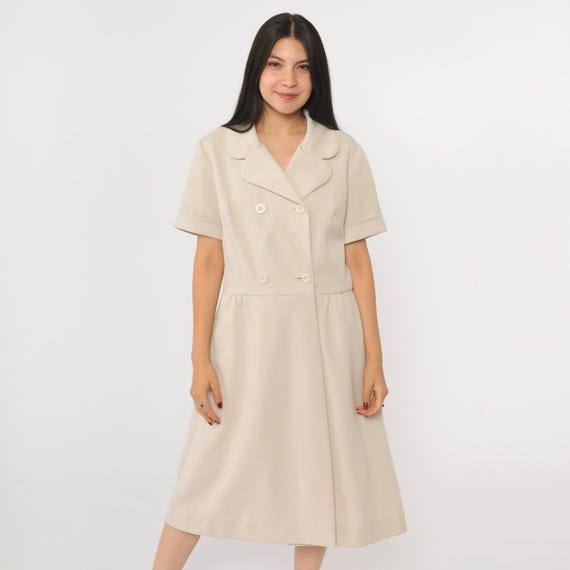 70s Double Breasted Midi Dress Beige Mod Shirtwaist Short Sleeve Dress Button Up Shirtdress Low Waist 1970s Vintage Large L