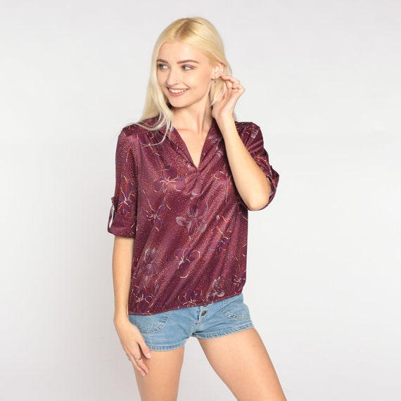 Burgundy Floral Blouse 70s Top V Neck Short Sleev… - image 2