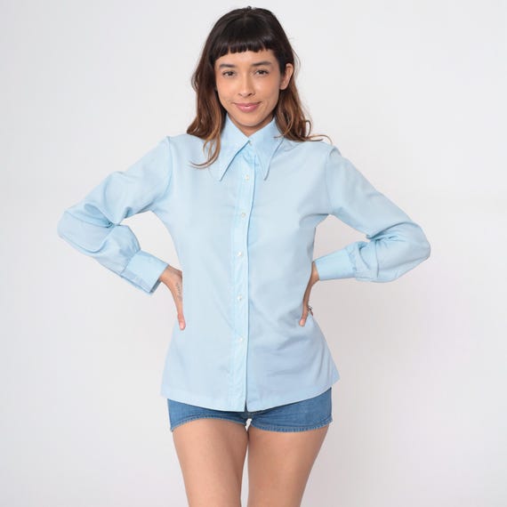 70s Baby Blue Shirt Dagger Collar Blouse Button Up Long Sleeve Top Disco 1970s Pointed Collar Pale Blue Medium M