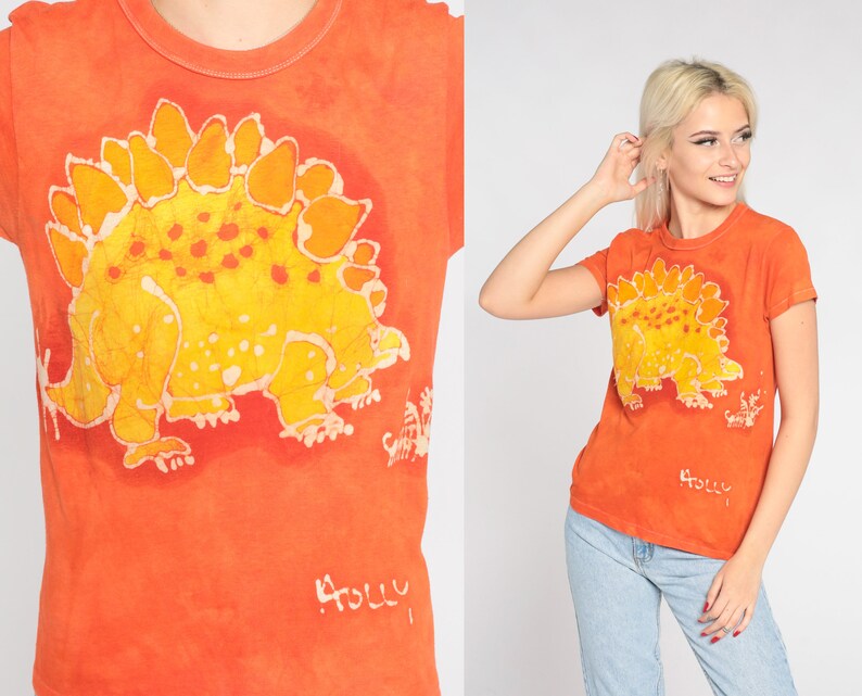 Stegosaurus Shirt 80s Dinosaur T-Shirt Holly Name Dino Tie Dye Graphic Tee Single Stitch Orange Yellow Vintage 1980s Extra Small xs image 1