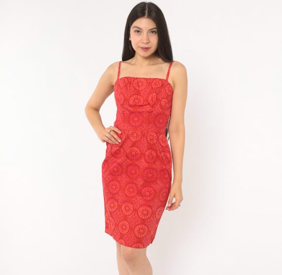 60s Medallion Print Sundress Red Orange Fitted Bodice Cotton Blend Pencil Skirt Square Neckline Summer Vacation Shift Vintage Dress Small S