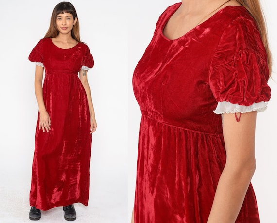 Velvet Maxi Dress 70s Emma Domb Red Party Gown Puff Sleeve Empire Waist 60s Formal Pearl Beaded Seventies Prom Holiday Vintage 1970s Small S